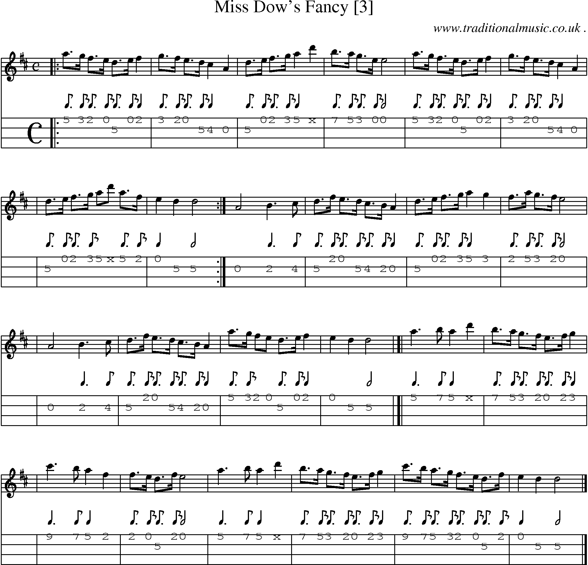 Sheet-music  score, Chords and Mandolin Tabs for Miss Dows Fancy [3]
